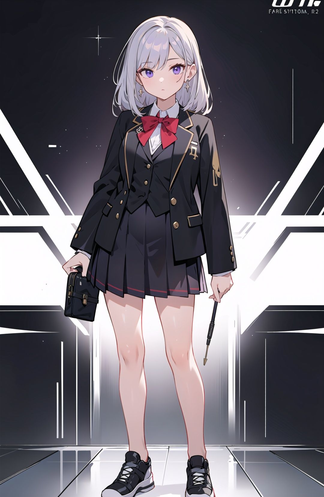 (soft light: 1.2), (cinematic masterpiece), (cinematic spotlight), beautifully detailed glow, ambient shading, Dim light,ambient light, ray tracing reflections, (better lighting, extremely soft and beautiful), ((cinematic light)), (soft),(full body:1.2), supermodel,pretty face,silver hair, purple eyes,cross legs,sexy legs,stylish (sexy school uniform), black platform sneakers, black blazer school jacket, (mini black skirt), earrings,giving the poster a dynamic and visually striking appearance,(cover-style:1.3), (simplistic logo, good design), (photorealistic:1.25), (professional photography), fashionable, woman, vibrant, outfit, posing, front, colorful, background,striking, modern, trendy, fashion, volumetric lighting, subsurface scattering, (good anatomy, good proportions, good composition, highest quality, award winning, masterpiece), dynamic pose, cinematic, (intricate, detailed), realistic detailed fabric textures, (mature *****:1.33),Black 8D glossy stockings,atdan