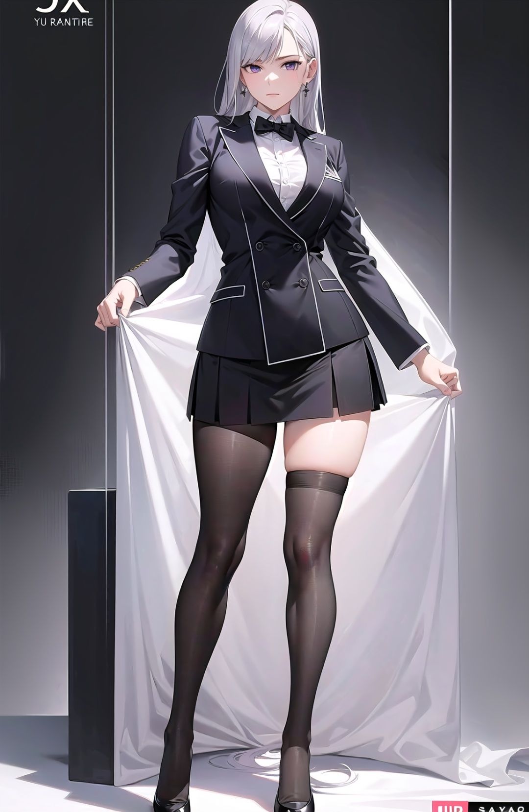 (soft light: 1.2), (cinematic masterpiece), (cinematic spotlight), beautifully detailed glow, ambient shading, Dim light,ambient light, ray tracing reflections, (better lighting, extremely soft and beautiful), ((cinematic light)), (soft),(full body:1.2), supermodel,pretty face,silver hair, purple eyes,cross legs,sexy legs,stylish (sexy school uniform), black platform sneakers, black blazer school jacket, (mini black skirt), earrings,giving the poster a dynamic and visually striking appearance,(cover-style:1.3), (simplistic logo, good design), (photorealistic:1.25), (professional photography), fashionable, woman, vibrant, outfit, posing, front, colorful, background,striking, modern, trendy, fashion, volumetric lighting, subsurface scattering, (good anatomy, good proportions, good composition, highest quality, award winning, masterpiece), dynamic pose, cinematic, (intricate, detailed), realistic detailed fabric textures, (mature *****:1.33),Black 8D glossy stockings,atdan