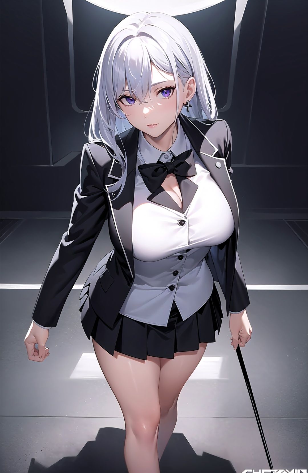 (soft light: 1.2), (cinematic masterpiece), (cinematic spotlight), beautifully detailed glow, ambient shading, Dim light,ambient light, ray tracing reflections, (better lighting, extremely soft and beautiful), ((cinematic light)), (soft),(full body:1.2), supermodel,pretty face,silver hair, purple eyes,cross legs,sexy legs,stylish (sexy school uniform), black platform sneakers, black blazer school jacket, (mini black skirt), earrings,giving the poster a dynamic and visually striking appearance,(cover-style:1.3), (simplistic logo, good design), (photorealistic:1.25), (professional photography), fashionable, woman, vibrant, outfit, posing, front, colorful, background,striking, modern, trendy, fashion, volumetric lighting, subsurface scattering, (good anatomy, good proportions, good composition, highest quality, award winning, masterpiece), dynamic pose, cinematic, (intricate, detailed), realistic detailed fabric textures, (mature *****:1.33),Black 8D glossy stockings,atdan