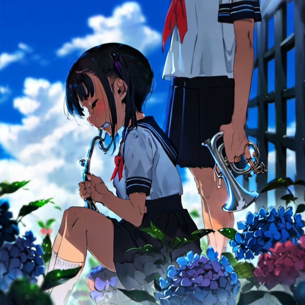 (yoneyamai), Japanese style illustration, 2girls, skirt, cloud, school uniform, flower, sitting, hydrangea, serafuku, outdoors, holding, closed eyes, socks, sky, trumpet, crying, tears, short sleeves, twintails, pleated skirt, shirt, black hair, instrument, head out of frame, white shirt, blue sky, neckerchief, red neckerchief, knees up, blurry, blue flower, standing, kneehighs, from side, long hair, depth of field, sailor collar, bangs, cloudy sky, blush, black skirt, out of frame, teeth, profile, solo focus, leaf, morning glory, plant, blue skirt, white socks, blurry foreground, parted lips, clenched teeth, holding instrument, sidelocks, scissors, feet out of frame, black sailor collar, water drop, crying with eyes open, purple flower