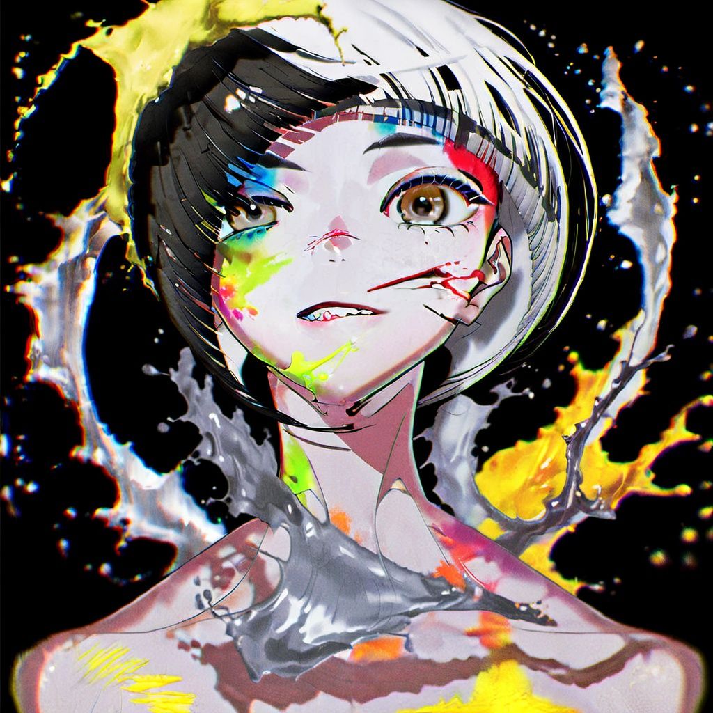 (yoneyamai), Japanese style illustration, solo, 1girl, paint splatter, white hair, bangs, short hair, multicolored hair, black hair, looking at viewer, parted lips, blood, black background, blunt bangs, portrait, blood on face, paint, paint splatter on face, yellow eyes, collarbone, upper body, bob cut, two-tone hair, heterochromia, nude, simple background, chromatic aberration, blunt ends, dripping, liquid, streaked hair, teeth, bare shoulders, brown eyes, injury, split theme, splatter, split-color hair, grey eyes, black eyes