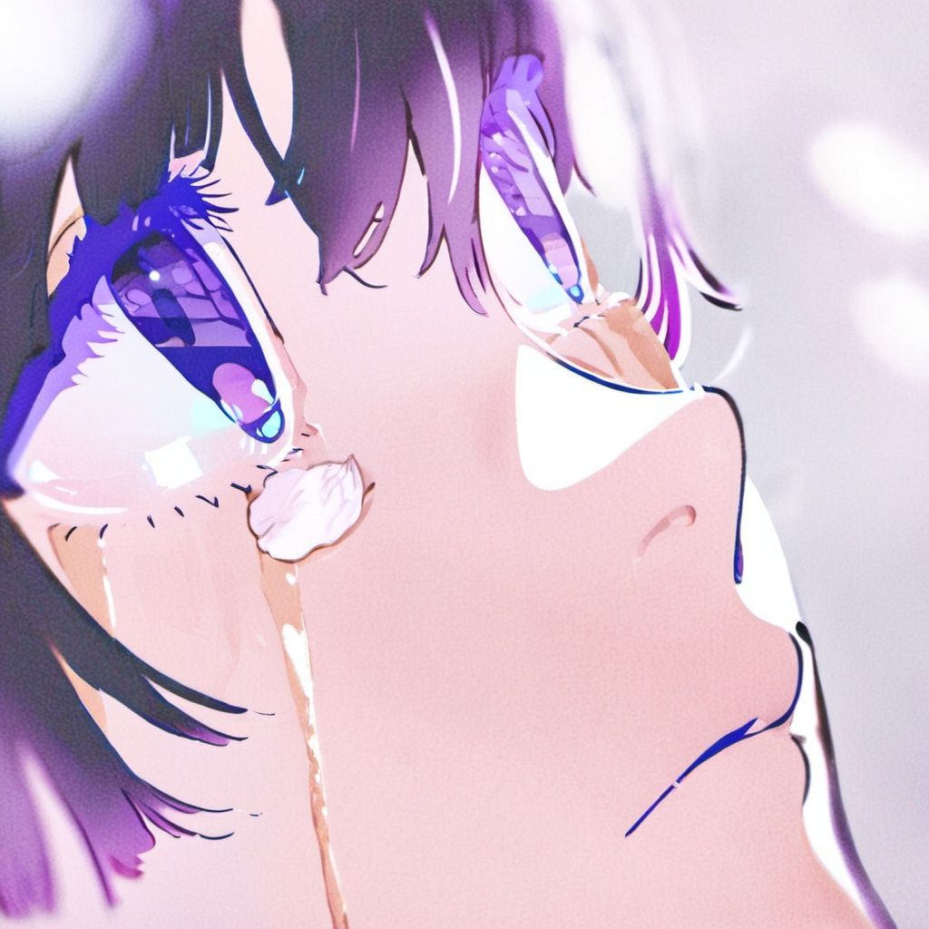 (yoneyamai), Japanese style illustration, solo, purple eyes, 1girl, close-up, black hair, portrait, bangs, tears, purple hair, short hair, looking at viewer, crying, petals, crying with eyes open, eye focus, hair between eyes, closed mouth, simple background, reflection, parted lips, eyelashes, blue eyes, blurry, grey background