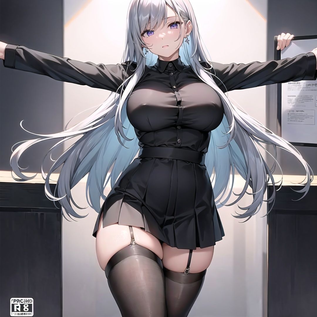 (soft light: 1.2), (cinematic masterpiece), (cinematic spotlight), beautifully detailed glow, ambient shading, Dim light,ambient light, ray tracing reflections, (better lighting, extremely soft and beautiful), ((cinematic light)), (soft),supermodel,pretty face,silver hair, purple eyes,cross legs,sexy legs,stylish (sexy school uniform), black platform sneakers, black blazer school jacket, (mini black skirt), earrings,giving the poster a dynamic and visually striking appearance,(cover-style:1.3), (simplistic logo, good design), (photorealistic:1.25), (professional photography), fashionable, woman, vibrant, outfit, posing, front, colorful, background,striking, modern, trendy, fashion, volumetric lighting, subsurface scattering, (good anatomy, good proportions, good composition, highest quality, award winning, masterpiece), dynamic pose, cinematic, (intricate, detailed), realistic detailed fabric textures, (mature *****:1.33),Black 8D glossy stockings,atdan
