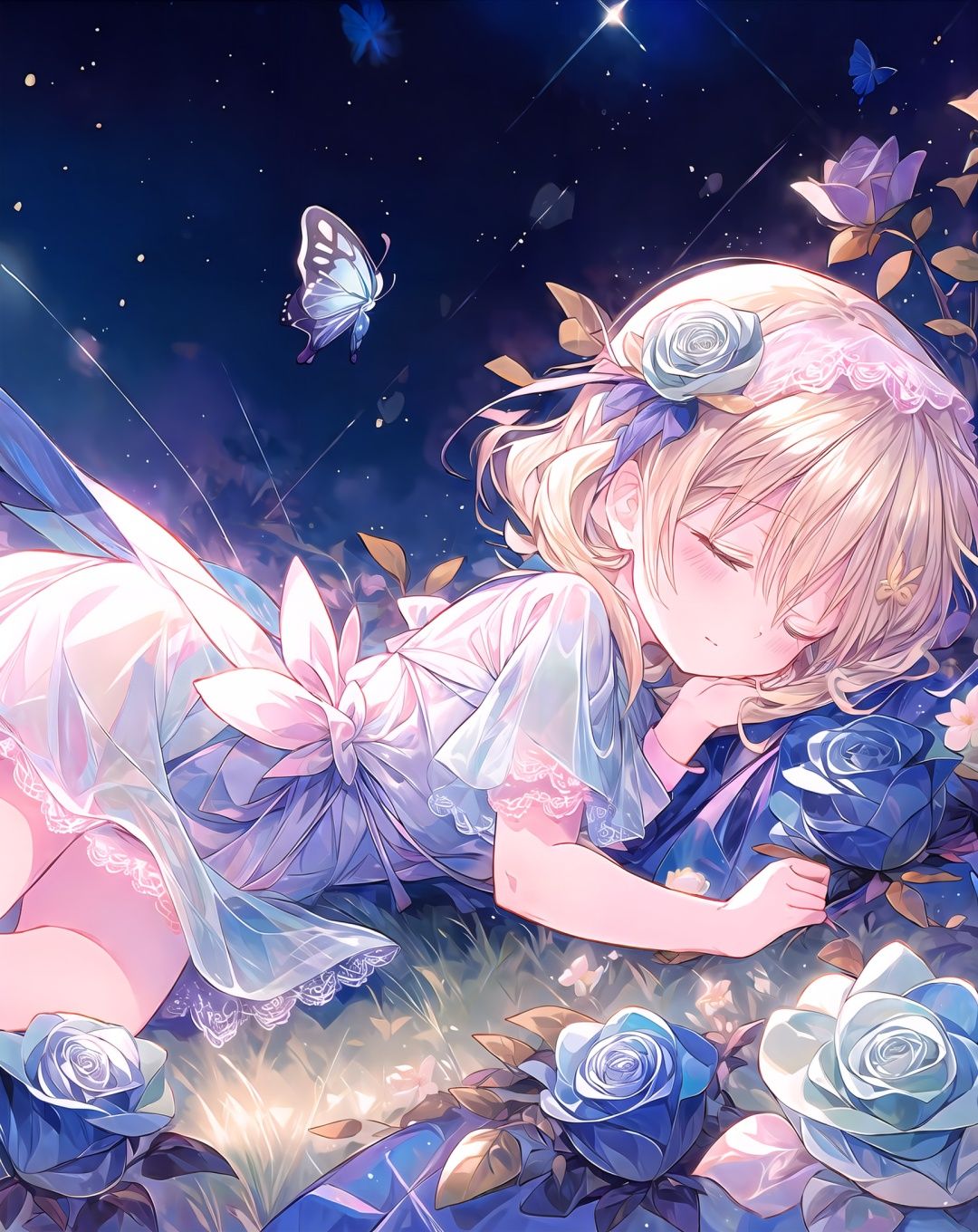 <lora:Renalith_20230619225829-000007_1.0:1.3:1,1,1,1,0,0,1,1,1,1,1,0,0,0,0,1,1>A little girl lying in a lot of flowers. She is sleeping on her side. (1 girl (5 years old)), (loli), blond hair, natural curly hair, side parting, flower hair ornament, lace white dress, closed eyes, have long eyelashes, profile), light blue butterfly (transparent, luminous), different world letters, pastel colors, fantasy world, Art Nouveau, Alphonse Mucha, flower, <lora:flower:1>,  <lora:add_detail:1>,  <lora:修手V3:1>, 