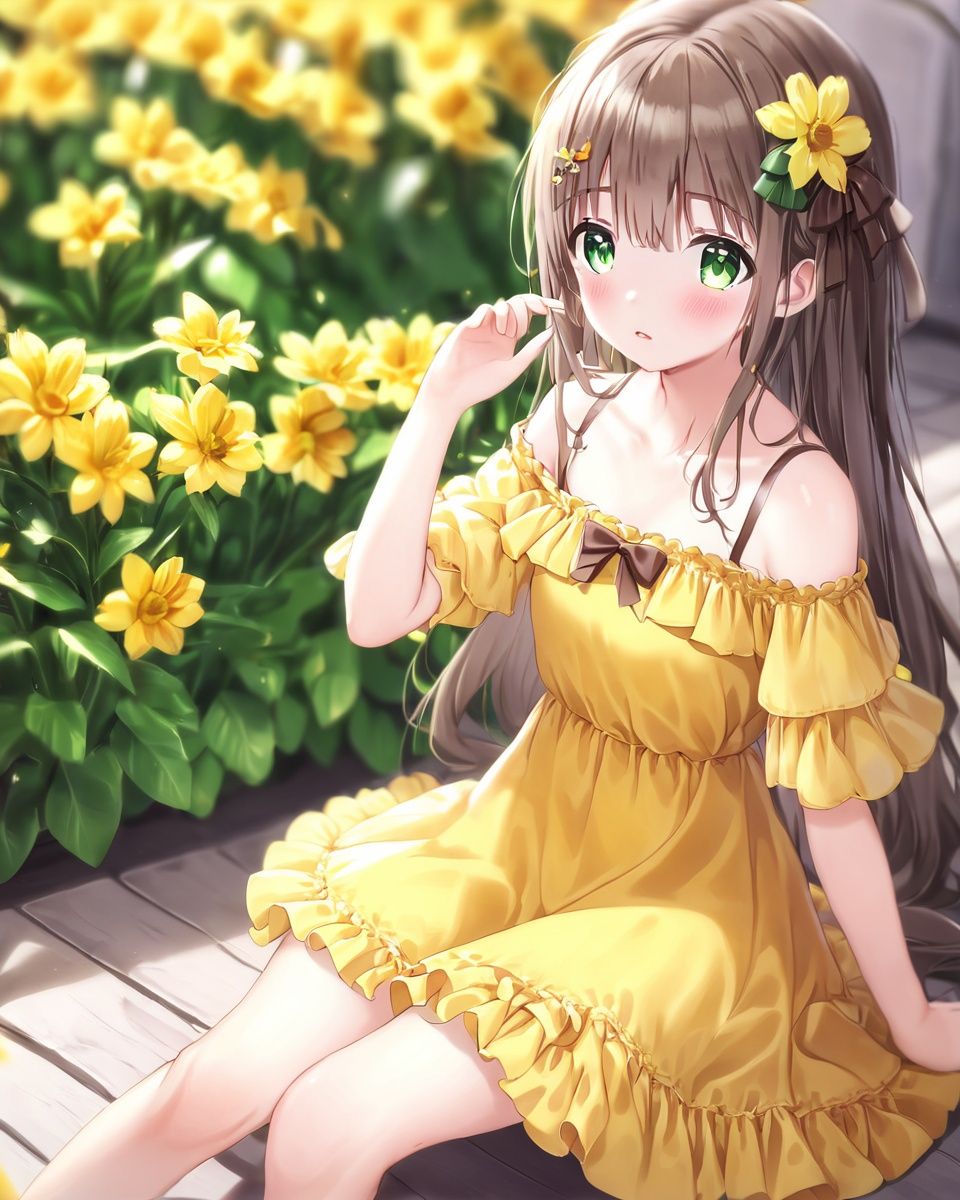 1girl, solo, flower, dress, long hair, green eyes, off-shoulder dress, blurry, bare shoulders, looking at viewer, off shoulder, bangs, blurry background, hair bow, yellow flower, own hands together, bow, depth of field, brown hair, parted lips, hands up, collarbone, sitting, yellow dress, blush, frilled dress, white bow, frills, knees up