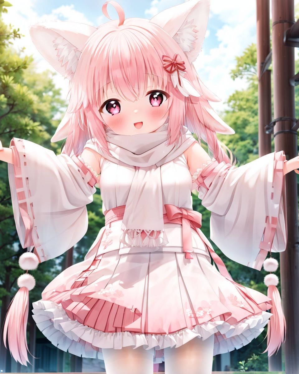 1girl, pink hair, solo, animal ears, ahoge, skirt, pantyhose, looking at viewer, japanese clothes, hair ornament, white pantyhose, animal ear fluff, scarf, blush, detached sleeves, bangs, wide sleeves, ribbon-trimmed sleeves, hakama, long hair, frills, smile, frilled skirt, miko,