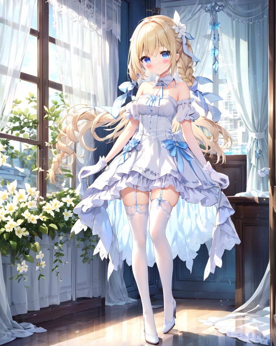 1girl, blonde hair, solo, thighhighs, blue eyes, gloves, long hair, dress, garter straps, white thighhighs, bare shoulders, white dress, looking at viewer, white gloves, window, breasts, hair ornament, indoors, blush, smile, bangs, standing, jewelry, medium breasts, earrings, detached sleeves, closed mouth, curtains, plant, ribbon, braid, short sleeves, feet out of frame
