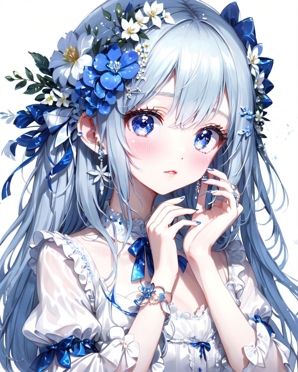 1girl, solo, blue eyes, hair ornament, looking at viewer, frills, flower, long hair, bangs, white flower, upper body, hand on own face, hairclip, ring, white hair, hair between eyes, short sleeves, bow, wrist cuffs, blush, dress, white background, hand up, parted lips, hair flower, ribbon, blue nails, hand on own cheek, puffy sleeves, nail polish, jewelry, white theme, simple background, white dress