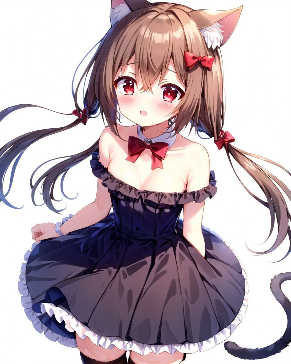 1girl, animal ears, solo, tail, brown hair, breasts, red eyes, dress, cat tail, cat ears, thighhighs, white background, long hair, smile, collar, simple background, cat girl, bare shoulders, strapless, hair ornament, black thighhighs, frilled dress, very long hair, frills, black dress, animal ear fluff, strapless dress, looking at viewer, closed mouth, bow, cleavage, small breasts, red bow, blush, leaning forward, bangs, collarbone, bare arms, hair between eyes, bowtie, red bowtie, zettai ryouiki, hairclip