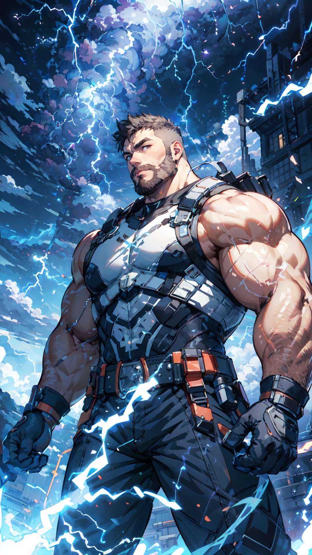 Best quality, masterpiece, ultra high res, detailed background, game_cg,muscular male, mature male, bara stocky, thick arms, thick thighs, Lightning, looking looking at viewer,lightning ball, Purple lightning surround, Above the clouds, Airflow climbing, Magician, <lyco:NiJiMaleV2-10:0.1>,