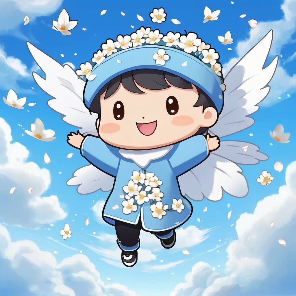 masterpiece, MiRU, 1 boy, chibi, solo, full body, Spirit, Smile, Outdoor, Light blue sky, Clouds, White flower, Flying petals, magic, A fantastic scene, textured skin, super detail, best quality<lora:MiRU_V1.6:0.5> 