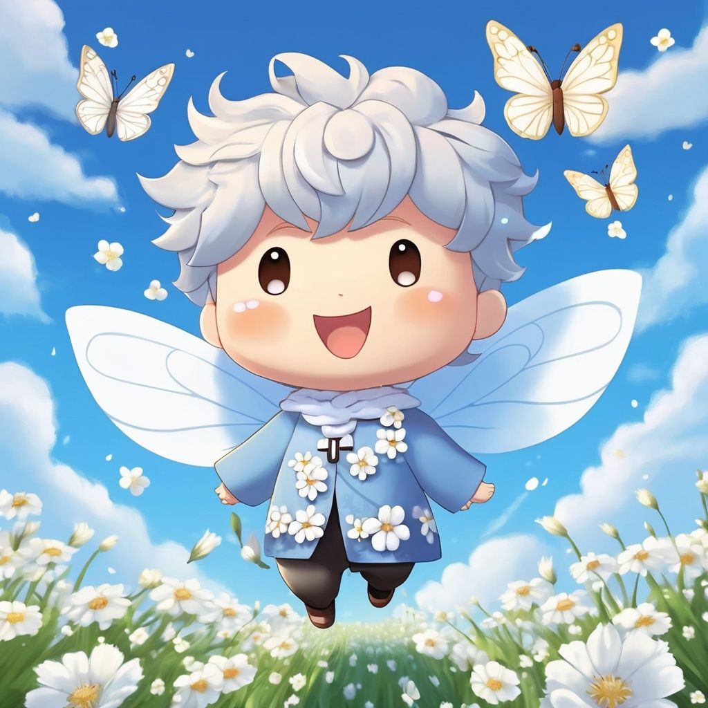 masterpiece, MiRU, 1 boy, chibi, solo, full body, Spirit, Smile, Outdoor, Light blue sky, Clouds, White flower, Flying petals, Butterfly, magic, A fantastic scene, textured skin, super detail, best quality<lora:MiRU_V1.6:0.5> 