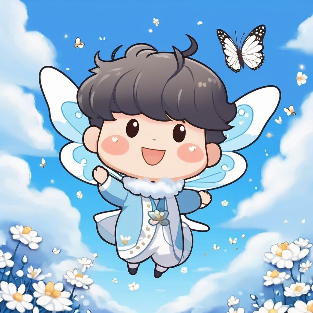 masterpiece, MiRU, 1 boy, chibi, solo, full body, Spirit, Smile, Outdoor, Light blue sky, Clouds, White flower, Flying petals, Butterfly, magic, A fantastic scene, textured skin, super detail, best quality<lora:MiRU_V1.6:0.6> 