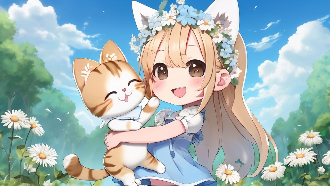 masterpiece, MiRU,2girl,  chibi, full body, Spirit, Smile, Outdoor, Light blue sky, Clouds, White flower, Cat ear, tail, magic, A fantastic scene, forest, textured skin, super detail, best quality<lora:MiRU_V1.6:0.1> 