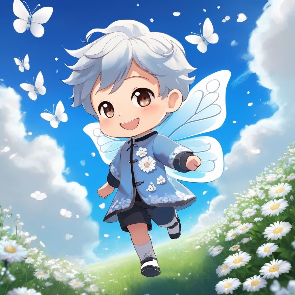 masterpiece, MiRU, 1 boy, chibi, solo, full body, Spirit, Smile, Outdoor, Light blue sky, Clouds, White flower, Flying petals, Butterfly, magic, A fantastic scene, textured skin, super detail, best quality<lora:MiRU_V1.6:0.3> 