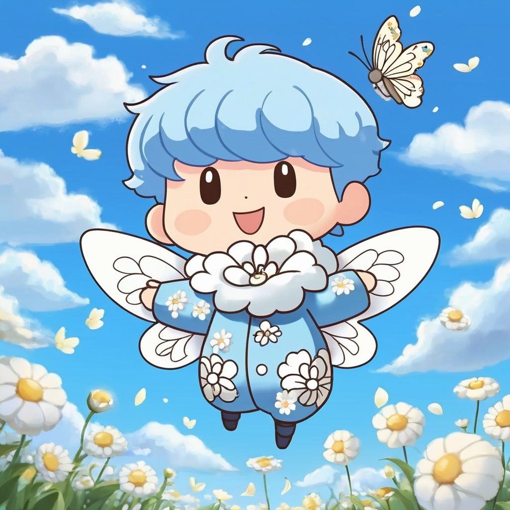 masterpiece, MiRU, 1 boy, chibi, solo, full body, Spirit, Smile, Outdoor, Light blue sky, Clouds, White flower, Flying petals, Butterfly, textured skin, super detail, best quality<lora:MiRU_V1.6:0.6> 