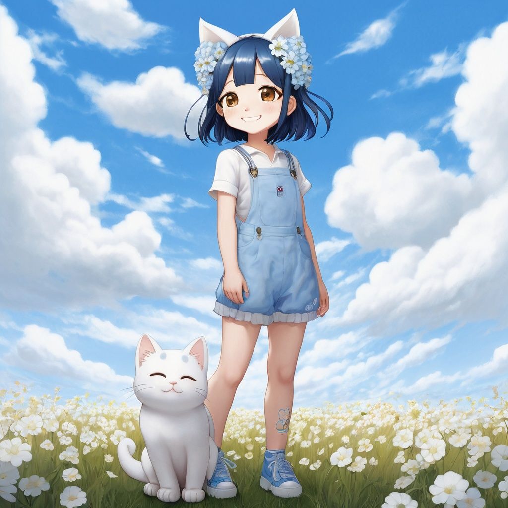 masterpiece, MiRU, 1girl, chibi, solo, full body, Spirit, Smile, Outdoor, Light blue sky, Clouds, White flower, Cat ear, tail, textured skin, super detail, best quality<lora:sdxllora-000006:0.6>