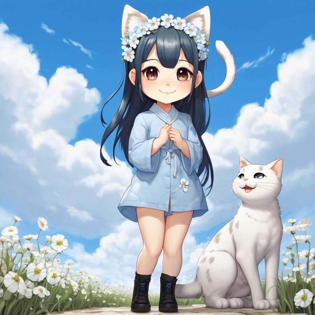 masterpiece, MiRU, 1girl, chibi, solo, full body, Spirit, Smile, Outdoor, Light blue sky, Clouds, White flower, Cat ear, tail, textured skin, super detail, best quality<lora:sdxllora-000006:0.6>