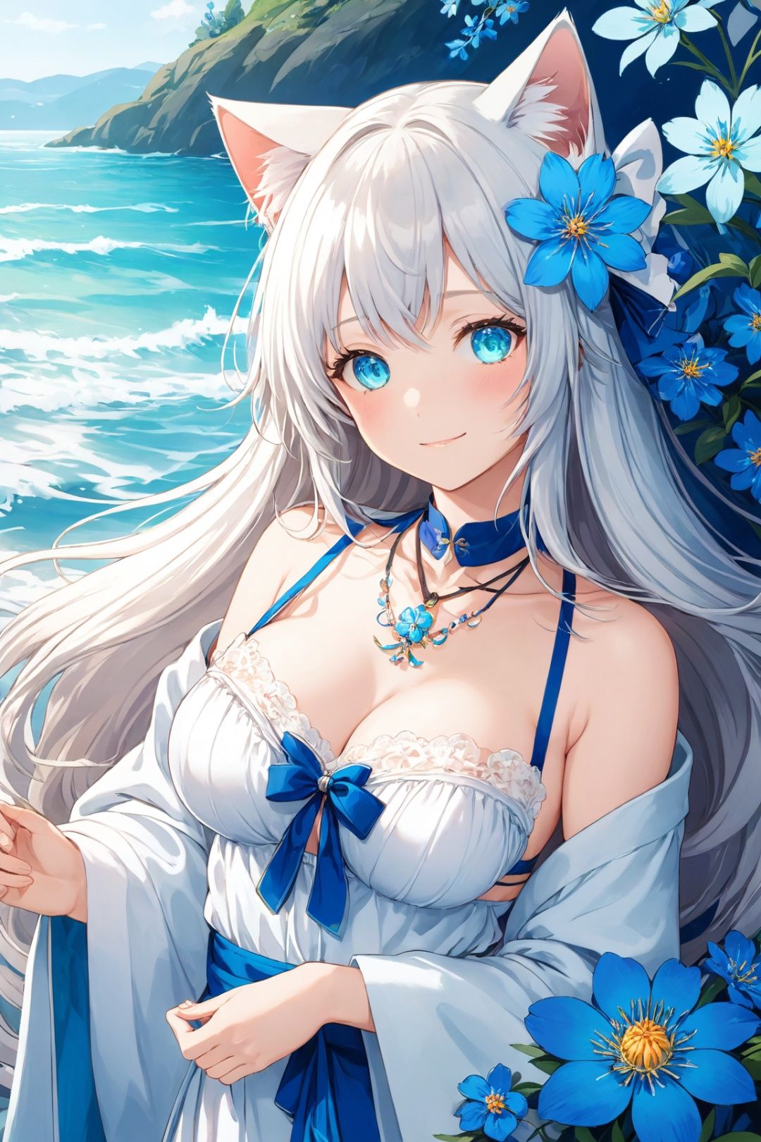ultra-detailed,(best quality),((masterpiece)),(highres),original,extremely detailed 8K wallpaper,(an extremely delicate and beautiful),((detailed face)),beautiful detail eyes,\\LineAniAFanime,shenji,small_breasts, {{loli}},{one girl}, very long light white hair, beautiful detailed blue eyes, aqua eyes, white robe, cat ears, {flower hairpin}, {surrounded by beautiful detailed blue flowers}, sunlight, light smile, beautiful detailed blue necklace, {{{see-through}}}, flower request, breast_focus, {luxuriant bra}, {{breast_conscious}}, presenting breast, {hand on breast},{covering_breasts},<lora:LineAniRedmond-LineAniAF:0.5>