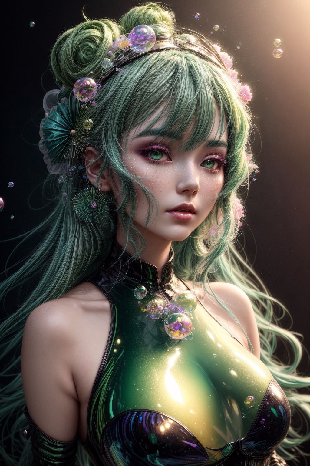 a woman with green hair is surrounded by bubbles,  inspired by Yanjun Cheng,  fantasy art by Keith on Tensor.Art