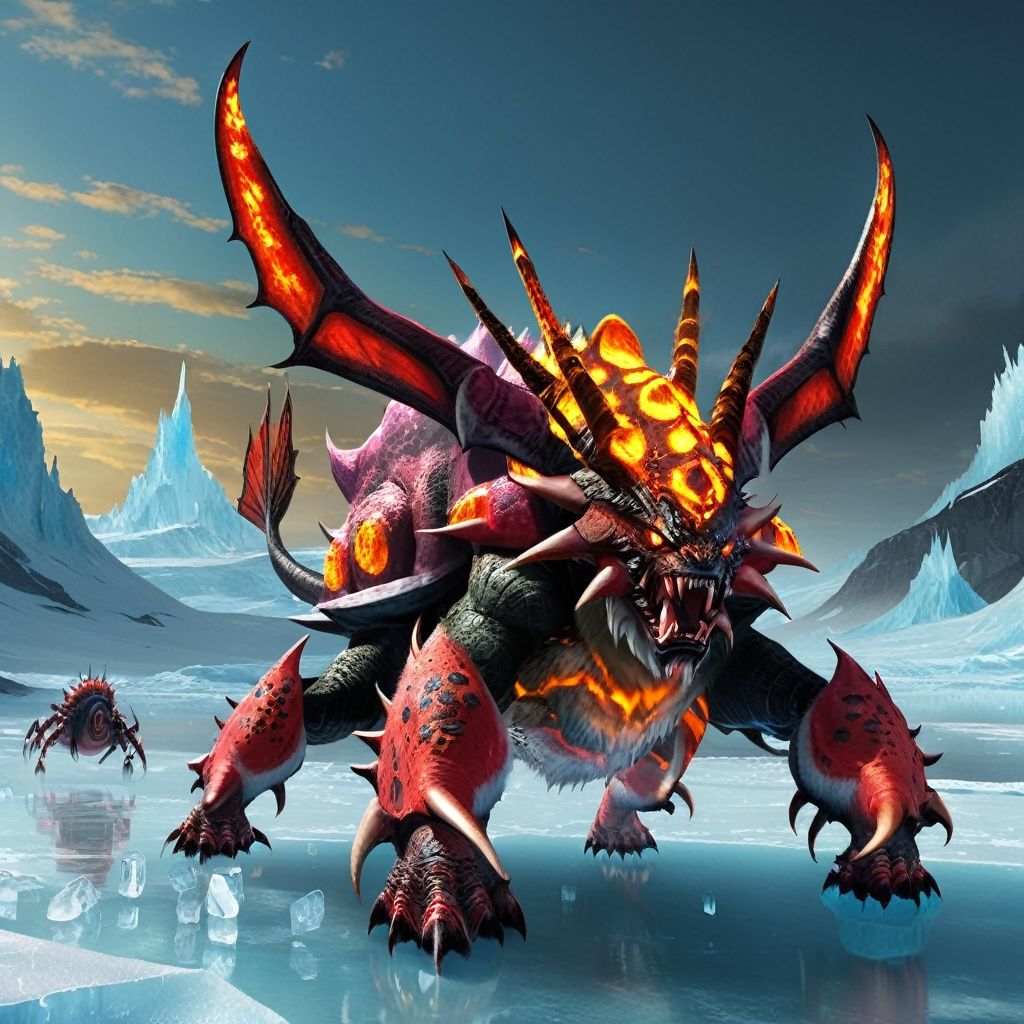Creatures (j/da), movie effects, (extremely complex :1.3), action poses, Demonized Mollusc creatures, multiple eyes, on an ice field<lora:sdxl_shengwuV3-000015:0.8>