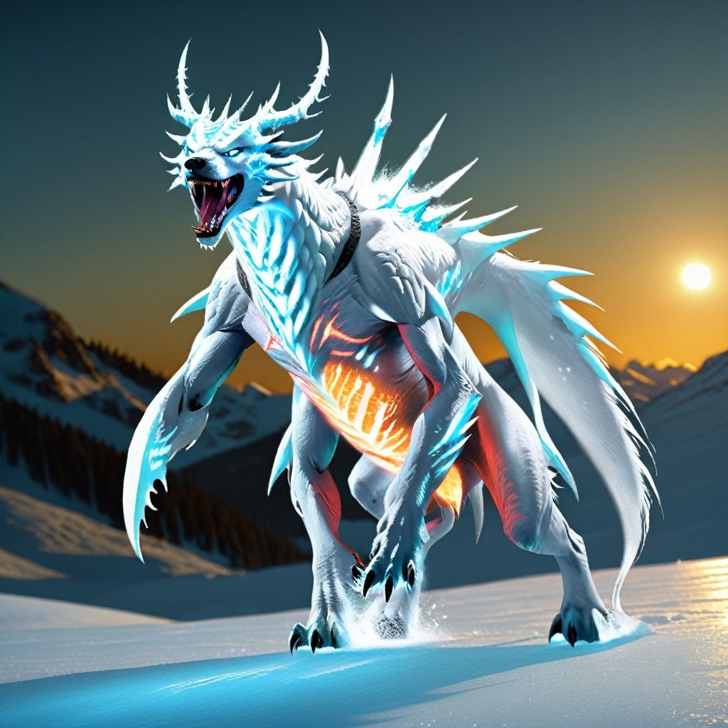 Creature (j/da), movie effects, (extremely complex :1.3), action posture, (Sacred Fetal Creature :1.2), noble white color, full body light), on the ice field<lora:sdxl_shengwuV3-000015:0.8>