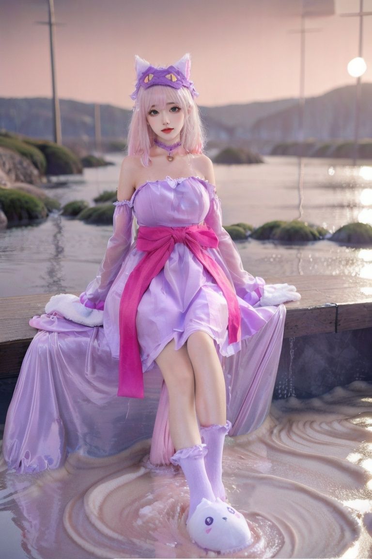 1girl,bare shoulders,dress,jingle bell,lips,long hair,pink choker,pink hair,purple dress,strapless,yanshangyue maogouriji,<lora:烟上月_猫狗日记-000024:0.75>,dream,(((extremely detailed CG unity 8k wallpaper))),{painting},(((ink))),amazing,Depth of field,{{best quality}},{{masterpiece}},highres,dynamic angle,(illustration),cinematic lighting,{1girl},((wavy silver hair)),((loli)),((extremely_detailed_eyes_and_face)),(detailed flooding bare feet:1.5),translucent pink skirt,gemological hair,french braid,pointy ears,looking at viewer,{{translucent fluttering skirt}},yellow hairpin,{{white dress with pink lace with yellow decoration}},sleeves past wrists,((sleeves past fingers)),walking_motion,strapless dress,ocean waves,wind,(((glistening light of waves))),{detailed sunset glow},(floating flow),((coral)),(Luminous),coast,{floating colorful bubbles},beautiful detailed sky,{fluorescence},detailed shadow,(conch),beautiful detailed water,drenched,starfish,meteor,rainbow,(seabirds),{glinting stars}, (glowworm),(splash),,detailed cloud,shell,{fireworks}