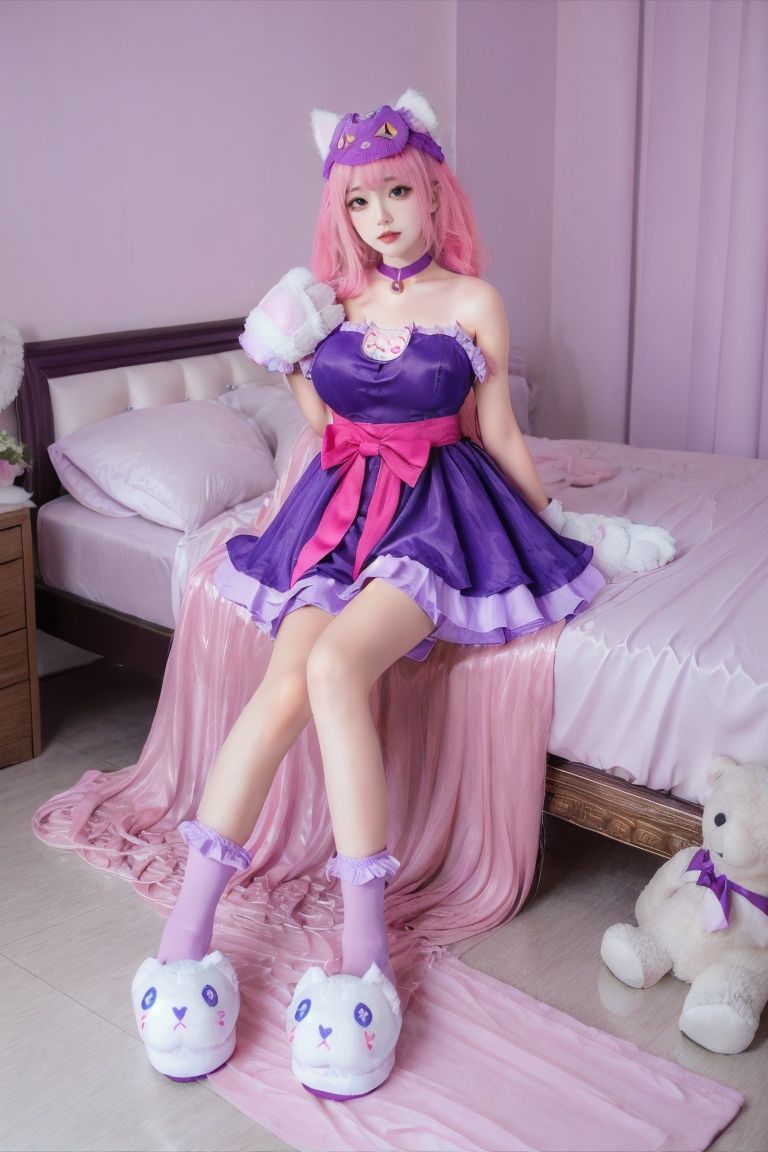 (supergiant breasts:1.4),1girl,collar,dress,frills,full body,long hair,looking at viewer,pink hair,purple dress,socks,teddy bear,very long hair,yanshangyue maogouriji,<lora:烟上月_猫狗日记-000024:0.65>,whole body diagram,nsfw,bedroom,