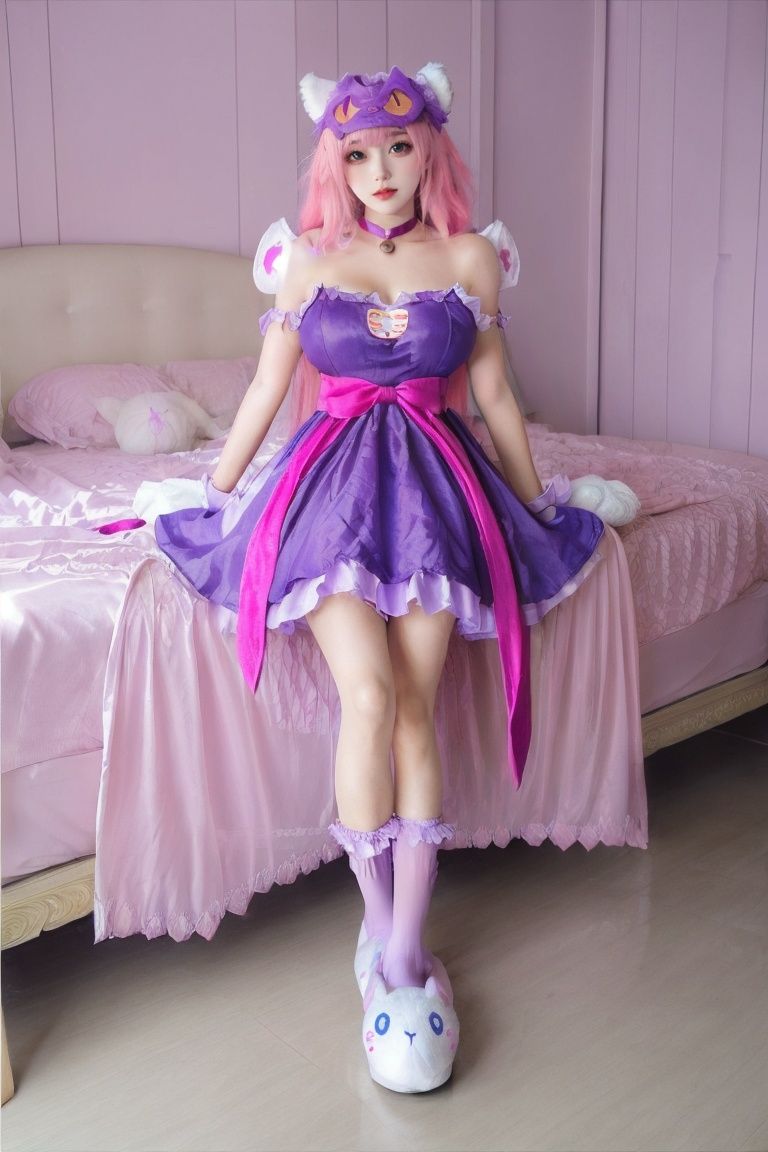 (supergiant breasts:1.6),1girl,collar,dress,frills,full body,long hair,looking at viewer,pink hair,purple dress,socks,teddy bear,very long hair,yanshangyue maogouriji,<lora:烟上月_猫狗日记-000024:0.65>,whole body diagram,nsfw,bedroom,