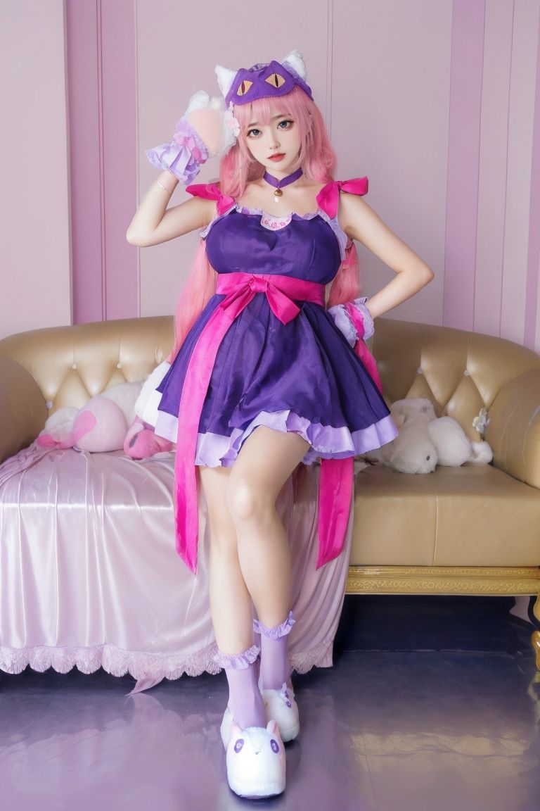 1girl,collar,dress,frills,full body,long hair,looking at viewer,pink hair,purple dress,socks,teddy bear,very long hair,yanshangyue maogouriji,<lora:烟上月_猫狗日记-000024:0.65>,whole body diagram,nsfw,bedroom,(超巨大乳房:1.6),supergiant breasts,a plump body,