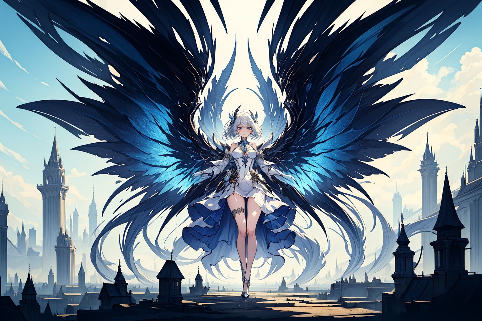 ,(((masterpiece,best quality))),((good structure,Good composition,good atomy)), ((clear, original,beautiful)),as,fantasy,(white khaki theme:1.3),wings,1girl,cloud,outdoors,dress