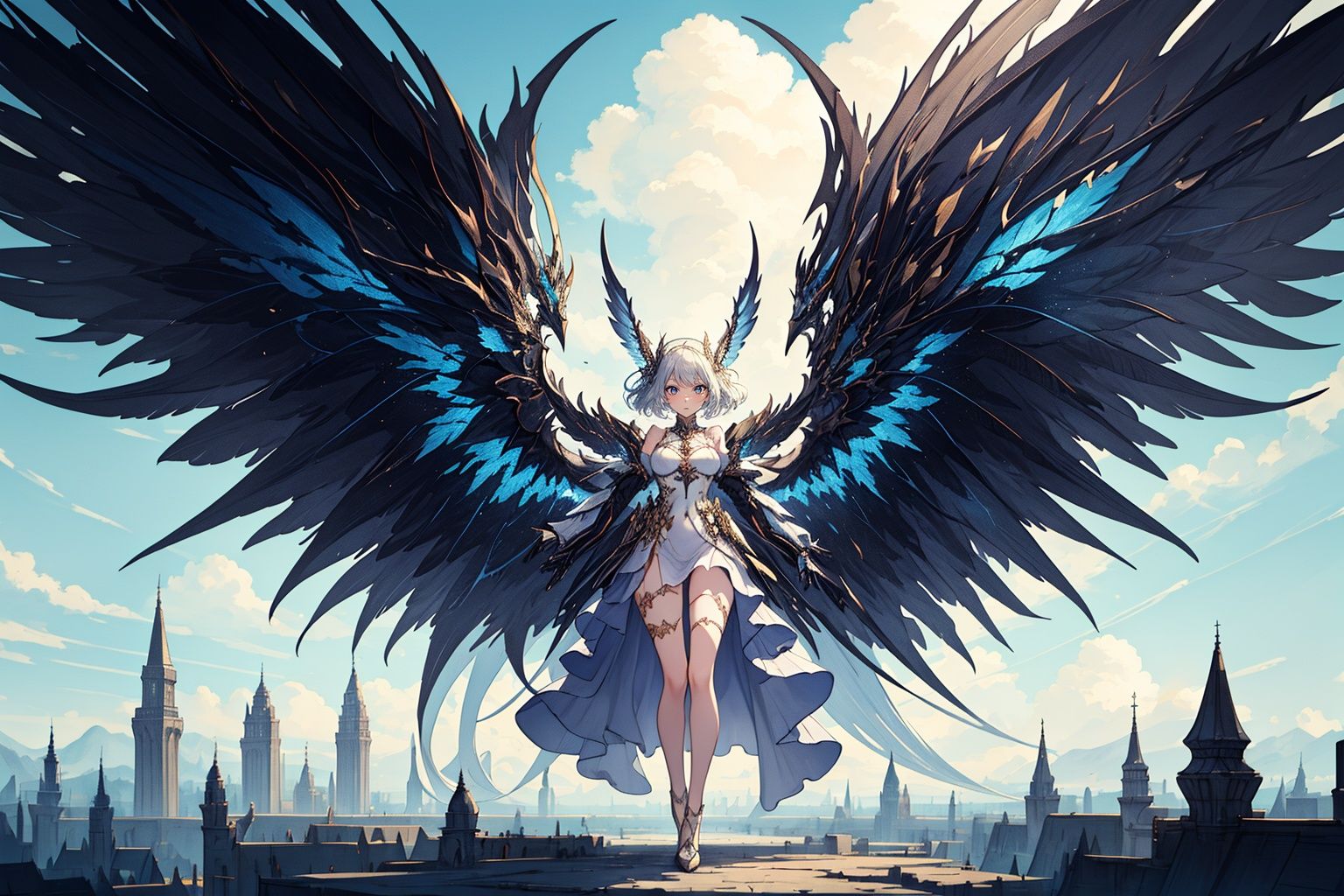 ,(((masterpiece,best quality))),((good structure,Good composition,good atomy)), ((clear, original,beautiful)),as,fantasy,(white khaki theme:1.3),wings,1girl,cloud,outdoors,dress
