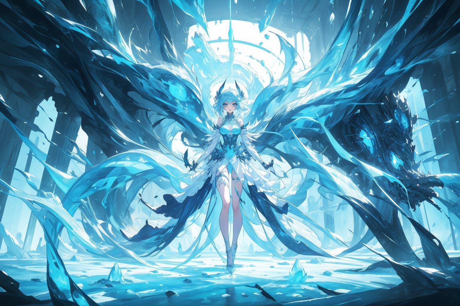 ,(((masterpiece,best quality))),((good structure,Good composition,good atomy)), ((clear, original,beautiful)),as,fantasy,(white  blue theme:1.3),1girl,outdoors,dress,girl,monstergirl,(ice theme:1.3),solo,