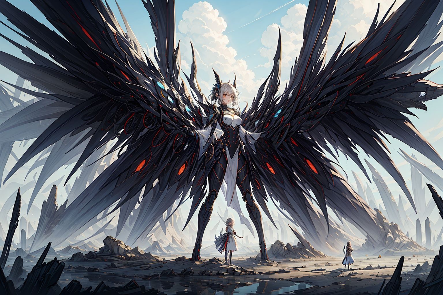,(((masterpiece,best quality))),((good structure,Good composition,good atomy)), ((clear, original,beautiful)),as,fantasy,(white khaki theme:1.3),wings,1girl,robot girl,cloud,outdoors,han style