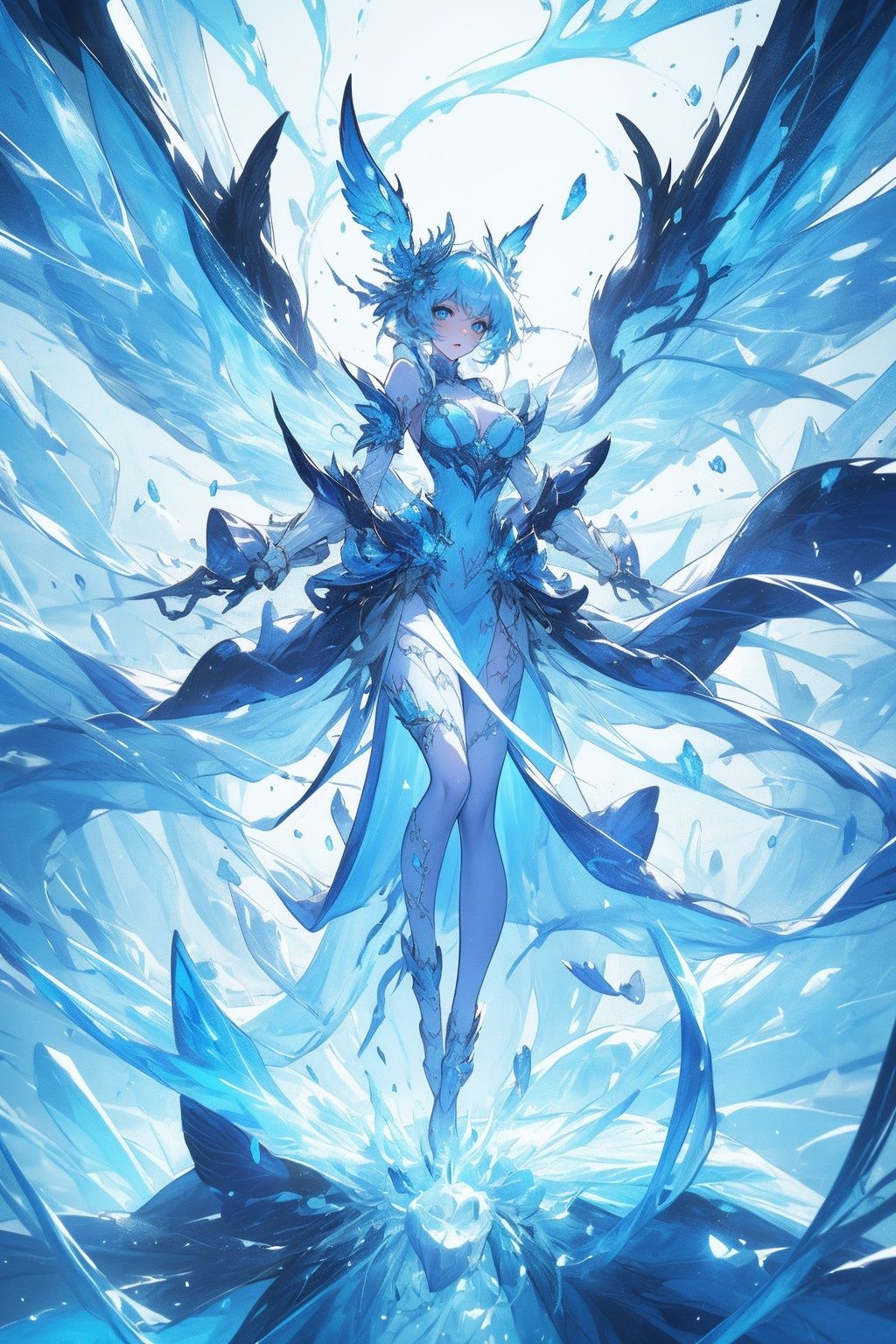 ,(((masterpiece,best quality))),((good structure,Good composition,good atomy)), ((clear, original,beautiful)),as,fantasy,(white  blue theme:1.3),1girl,outdoors,dress,girl,monstergirl,(ice theme:1.3),solo,