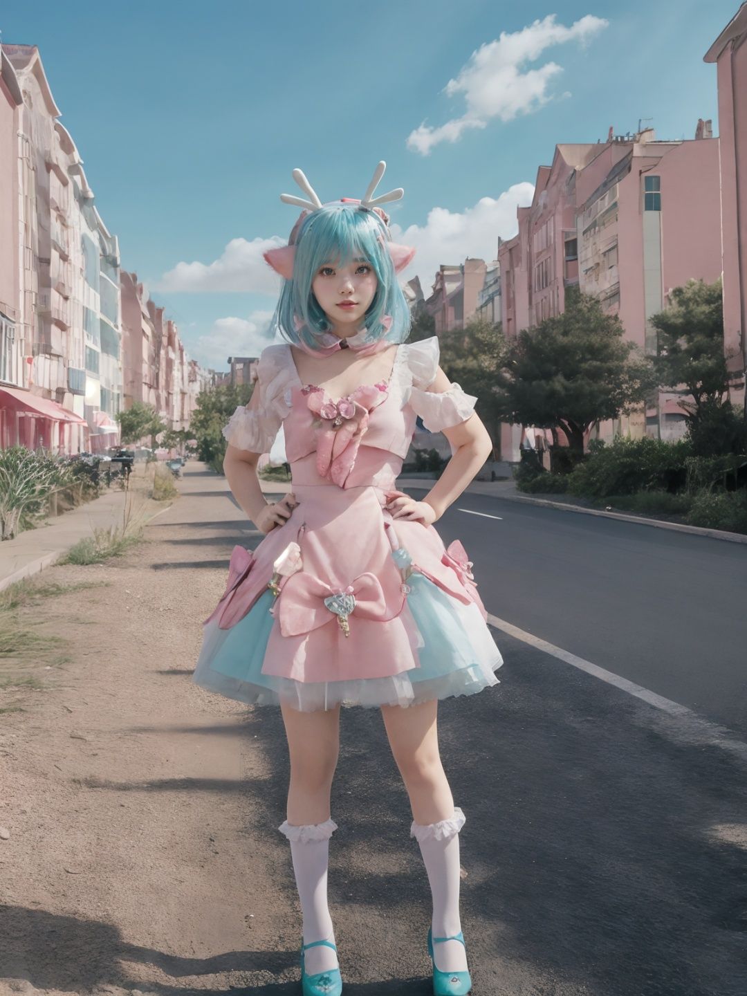 1girl,solo,looking at viewer,pink dress,pink bow,frills,aqua hair,animal ears,hair accessories,full body,standing,cityscape,outdoors,street,road,(hands on hips),<lora:yao-000013:0.6:1,1,1,1,0,0,1,1,1,1,1,1,0,0,0,0,0>,