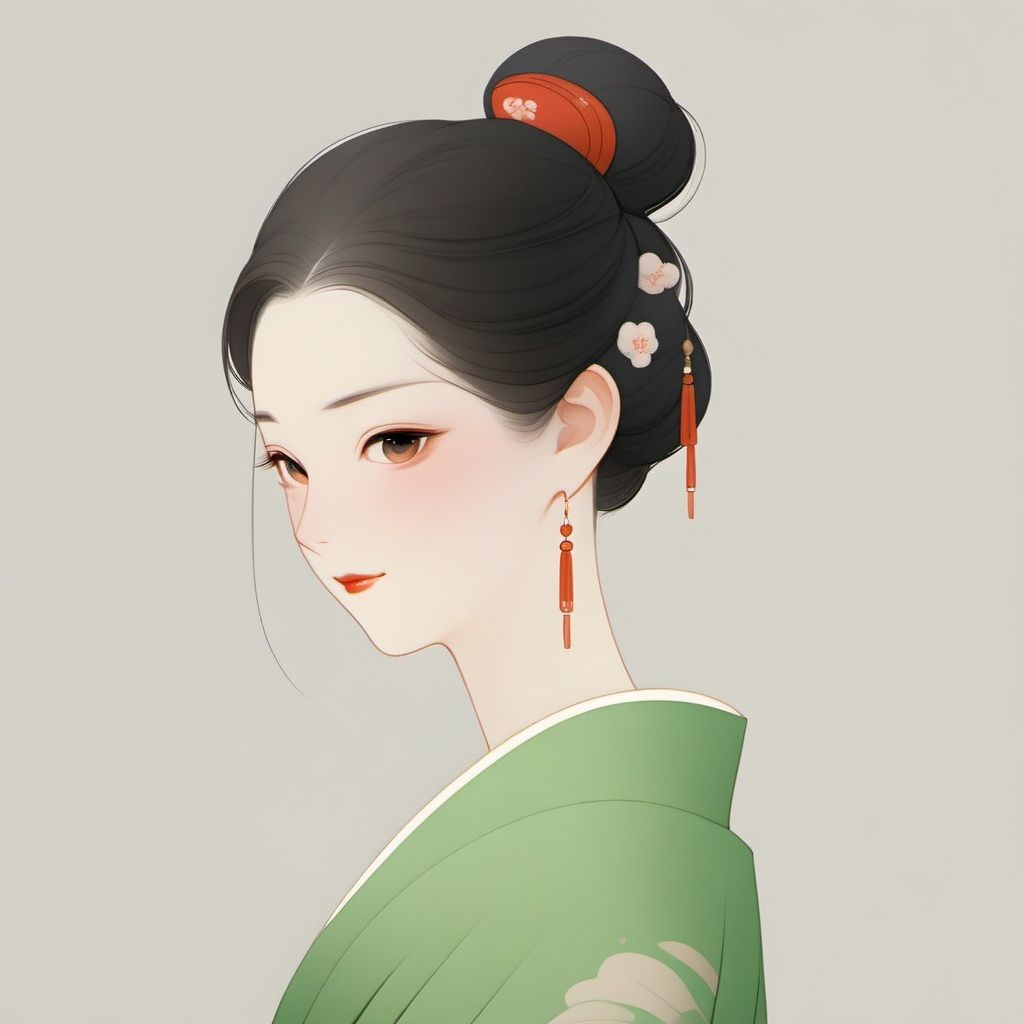 1girl, solo, earrings, black hair, jewelry, hair bun, looking at viewer, single hair bun, hair ornament, simple background, upper body, red lips, kimono, makeup, green kimono, closed mouth, japanese clothes, from side, lipstick, brown eyes, black eyes, hair stick <lora:lfei01:1>