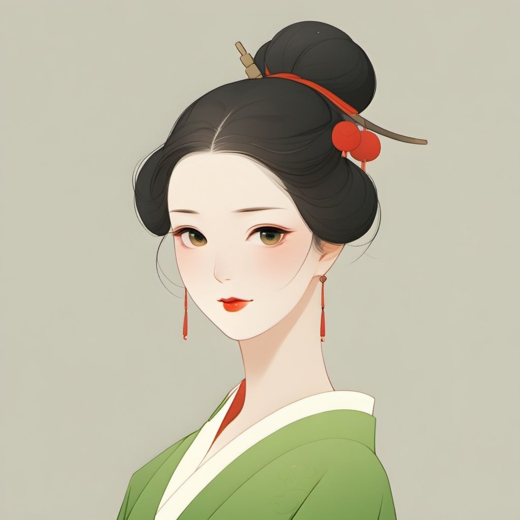 1girl, solo, earrings, black hair, jewelry, hair bun, looking at viewer, single hair bun, hair ornament, simple background, upper body, red lips, kimono, makeup, green kimono, closed mouth, japanese clothes, from side, lipstick, brown eyes, black eyes, hair stick <lora:lfei01:1>