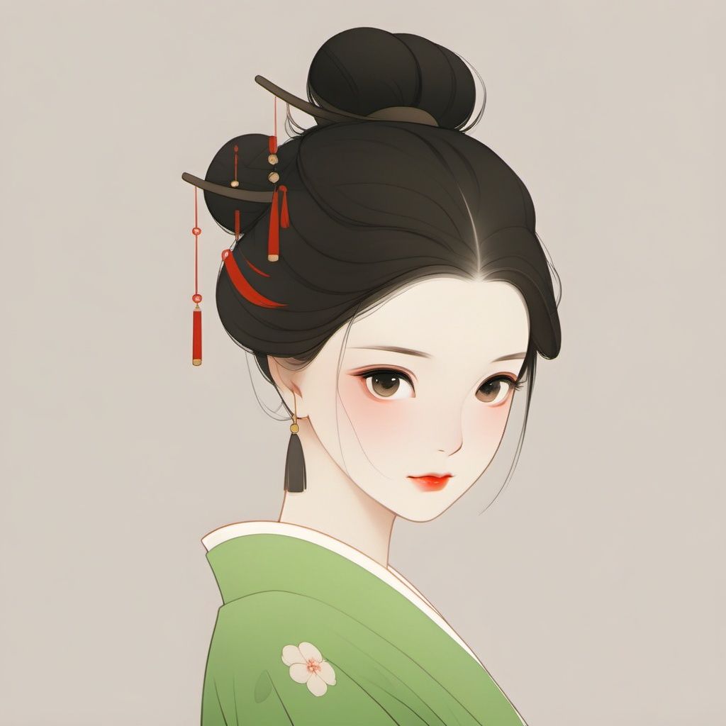 1girl, solo, earrings, black hair, jewelry, hair bun, looking at viewer, single hair bun, hair ornament, simple background, upper body, red lips, kimono, makeup, green kimono, closed mouth, japanese clothes, from side, lipstick, brown eyes, black eyes, hair stick <lora:lfei01:1>