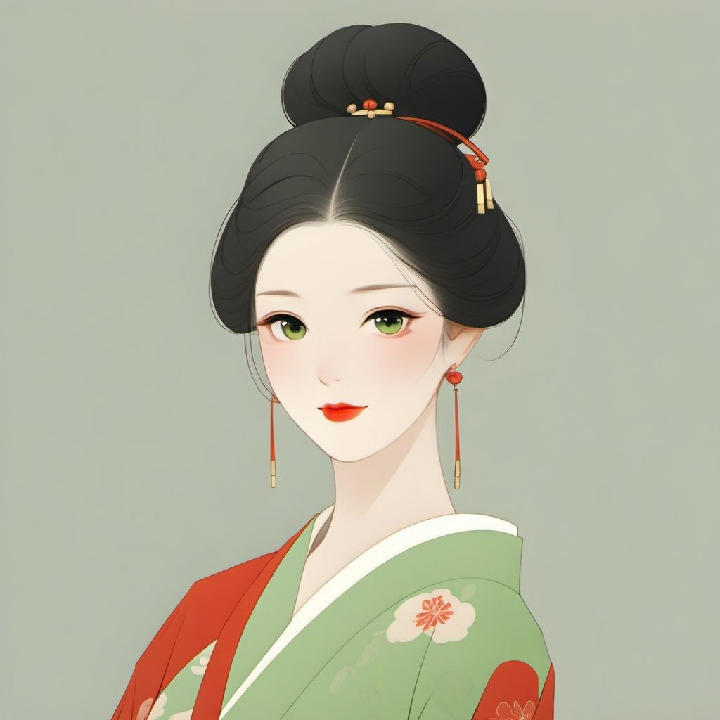 1girl, solo, earrings, black hair, jewelry, hair bun, looking at viewer, single hair bun, hair ornament, simple background, upper body, red lips, kimono, makeup, green kimono, closed mouth, japanese clothes, from side, lipstick, brown eyes, black eyes, hair stick <lora:lfei01:1>