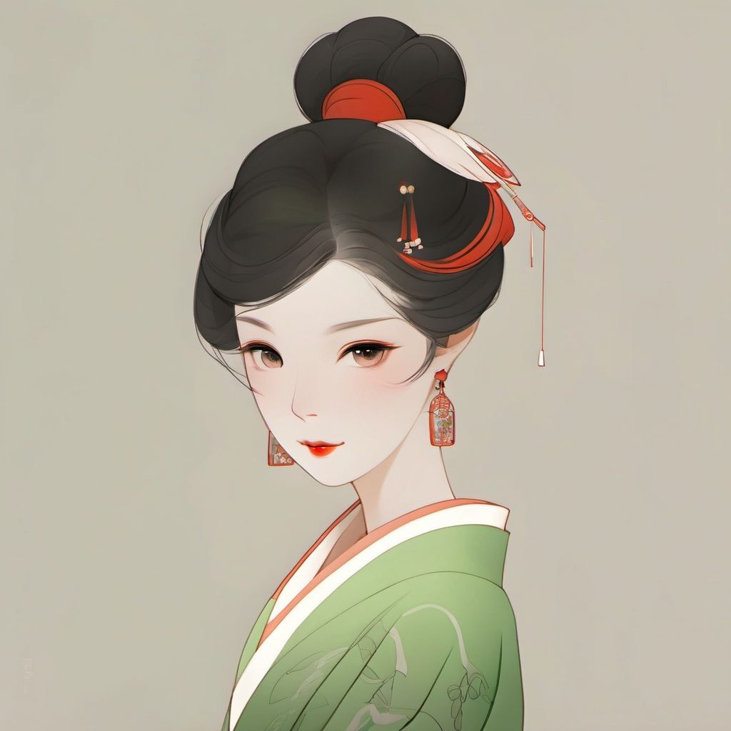 1girl, solo, earrings, black hair, jewelry, hair bun, looking at viewer, single hair bun, hair ornament, simple background, upper body, red lips, kimono, makeup, green kimono, closed mouth, japanese clothes, from side, lipstick, brown eyes, black eyes, hair stick <lora:lfei01:1>