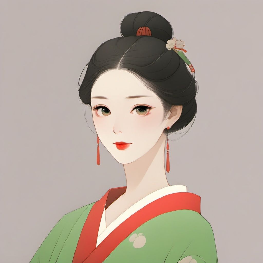 1girl, solo, earrings, black hair, jewelry, hair bun, looking at viewer, single hair bun, hair ornament, simple background, upper body, red lips, kimono, makeup, green kimono, closed mouth, japanese clothes, from side, lipstick, brown eyes, black eyes, hair stick <lora:lfei01:1>