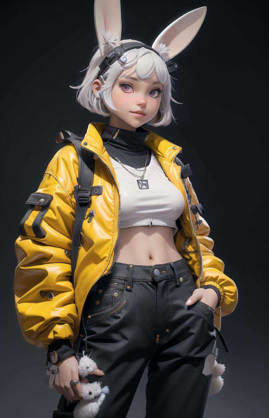a nijigirl with bunny - ears wearing techwear jacket and jeans,  milky bob cut,  big warm smile by ᴱᵐᵒˣⁱ♠ⁿᵈᵒˡˡ on Tensor.Art