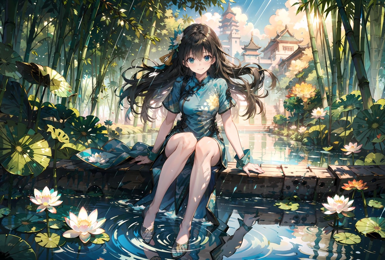 Sunlight, atmosphere, rich details, shot from above, shot from below, detailed background, beautiful sky, floating hair, perfect face, exquisite facial features, high details, smile, Fisheye lens lens, dynamic angle, ((Ancient Chinese landscapes, Chinese architecture)), will leave dancing, (short sleeves), elegantly, blank, white and light green, with a combination of Morgan colors, Qiu Ying's painting style, And high end color matching , ((A beautiful girl sitting on a bamboo raft in the water, swimming downstream, A person on the ship , Long hair Pond, Huge lotus, rain, full body, aqua_china_dress)), bright light, green color, abstract pictures, Surrealism, clear background, clear outline light Edge light, fantasy, spotted light, flat illustration, 1 girl, ((black hair, shy, blush)), sea, niji, <lora:水润RenalithV3（改）:1>, <lora:修手V3:1.2>