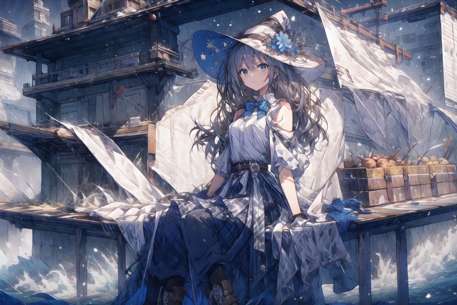 There is a chestnut hair with long waist and natural hair, and the figure ratio is very good, neither fat nor thin. The straight eyebrows just extend, and the eyes are blue and deep, as if a sea is concentrated,Women's shirt with lace flower bow tie, a gray skirt over the knee, a pair of long leather boots, and a soft hat with fine plaid and black yarn hanging from the top, <lora:EMS-14220-EMS:1.2>, <lora:EMS-5576-EMS:0.8>, <lora:EMS-24720-EMS:1>, <lora:EMS-5736-EMS:0.9>