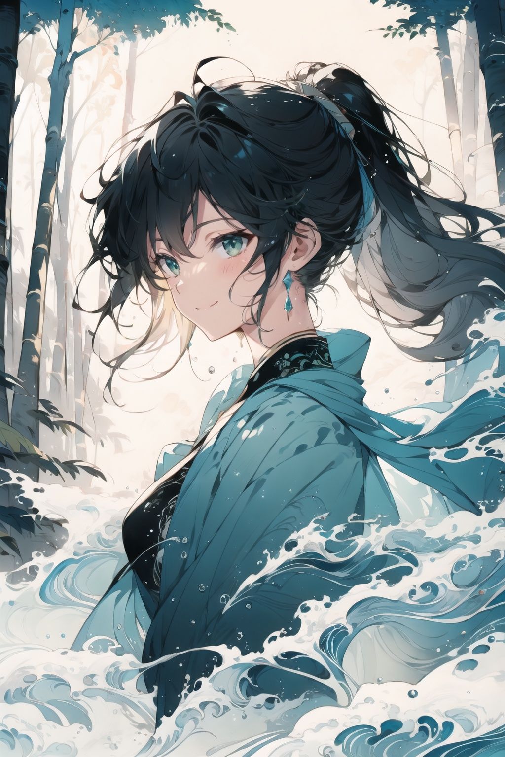 ((best quality)), ((masterpiece)), ((ultra-detailed)), (illustration), (detailed light), (an extremely delicate and beautiful),((trim)),incredibly_absurdres,(ray tracing),Chinese ink painting,light rays,Medium view, ((In a land where magic thrived, there lay an Enchanted Forest, shrouded in mystery and wonder. In this forest, tall trees whispered secrets to the wind, and streams glistened with a magical glow, a curious young girl with an insatiable thirst for adventure, found herself drawn to the forest's allure.))girl focus, a girl, ((full body)), looking out of the camera, red eyes, detailed engraved picture part, delicate and beautiful face, exotic, (mysterious forest), , wind, wind blowing hair, long hair, (ponytail), (white feathers), epic, masterpiece, wooden, ancient, (black hair, green eyes), ((full body)),ink wash painting, <lora:EMS-24720-EMS:1>, <lora:EMS-14220-EMS:1.2>, <lora:EMS-13890-EMS:0.8>