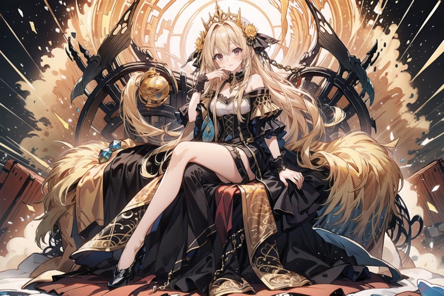 (glowing light), Medium view, girl focus, a girl, ((sitting sideways on a luxurious chair, hand supporting chin, full body)), looking out of the camera, red eyes, detailed engraved picture part, delicate and beautiful face, exotic, (mysterious forest), high detail red eyes, wind, wind blowing hair, windward, long hair, (aristocratic clothing, fluff, golden feathers), epic, masterpiece, wooden, ancient, golden hair, <lora:EMS-14220-EMS:1.2>, <lora:EMS-18851-EMS:0.4>, <lora:EMS-24720-EMS:1>