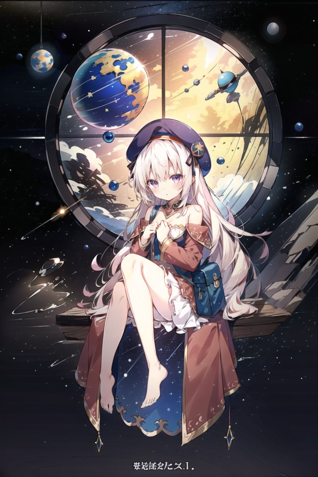 ((best quality)), ((masterpiece)), ((ultra-detailed)), (illustration), (detailed light), (an extremely delicate and beautiful),((trim)),incredibly_absurdres,(ray tracing),(glowing light),loli,for side,stars and planets,space marine,fetal position,sleep,(Circular window):1.3,hug won legs,(beautiful detailed Space Station Interior:1.2),console,control cabin,(Circular glass window:1.4),school bag,suspension,star_hair_ornament,white pantyhose,feet up,((Beret,red coat)),(a Rabbit toys),((long hair,Floating Hair,confused,pink eyes,white hair,knees_on_chest,stars and planets,globe)), <lora:EMS-24720-EMS:1>, <lora:EMS-14220-EMS:1.2>