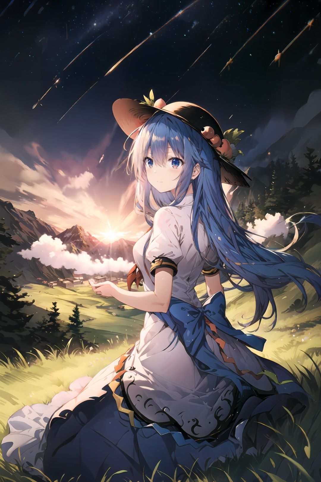 ((best quality)), ((masterpiece)), ((ultra-detailed)), (illustration), (detailed light), (an extremely delicate and beautiful),((trim)),incredibly_absurdres,(ray tracing),(glowing light),(sun),((beautiful sky)),(scenery),((mountain)),(cloud),((nature)),(grassland),((fog)),(pine),(red ross),(meteor),((forest)),(Star Trails),watercolor, hat,(long hair)， Sky,hinanawi tenshi,1girl,peach,blue hair,long hair,  <lora:水润RenalithV3（改）:1>,  <lora:修手V3:1.2>,  <lora:tenshihinanawi:1>