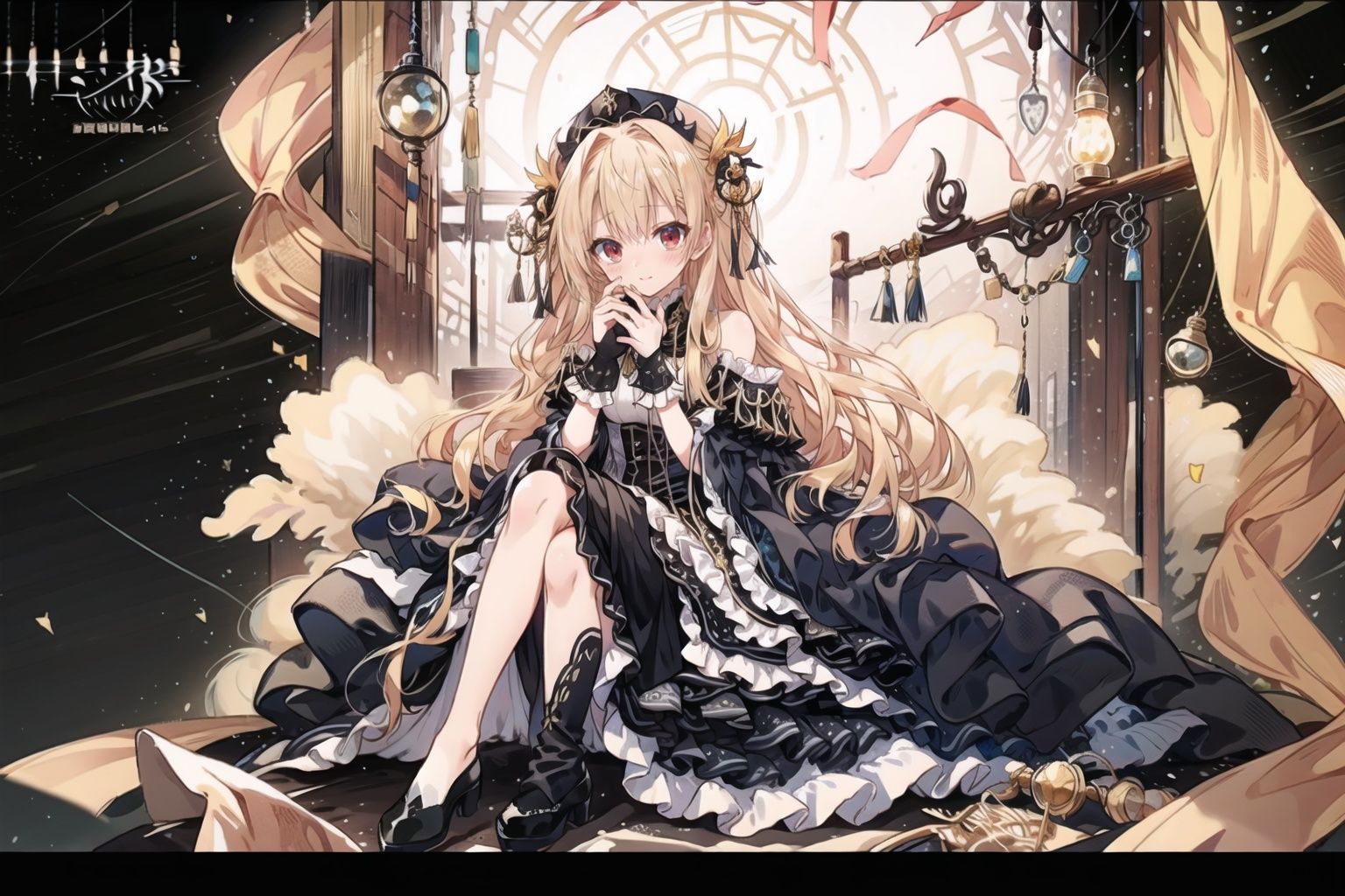 (glowing light), Medium view, girl focus, a girl, ((sitting sideways on a luxurious chair, hand supporting chin, full body)), looking out of the camera, red eyes, detailed engraved picture part, delicate and beautiful face, exotic, (mysterious forest), high detail red eyes, wind, wind blowing hair, windward, long hair, (aristocratic clothing, fluff, golden feathers), epic, masterpiece, wooden, ancient, golden hair, <lora:EMS-14220-EMS:1.2>, <lora:EMS-18851-EMS:0.8>, <lora:EMS-24720-EMS:1>